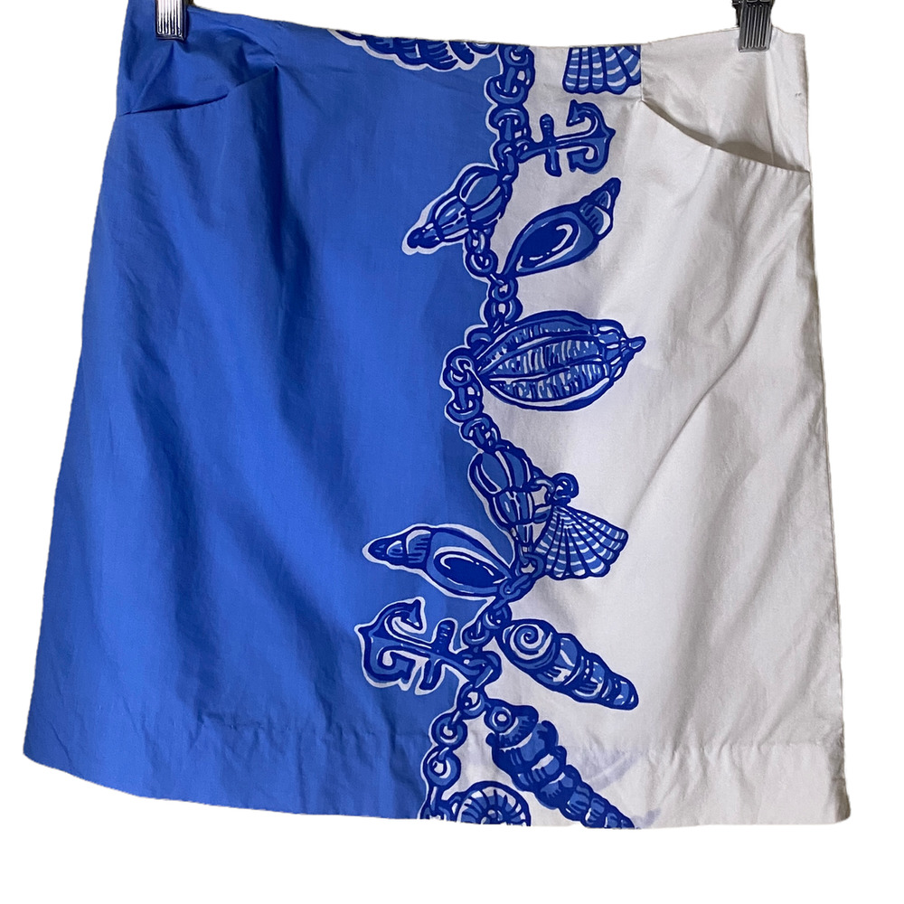 Lilly Pulitzer Women's Blue Cream Mini Skirt Sz 2 Color-Block Anchor Sea Shell